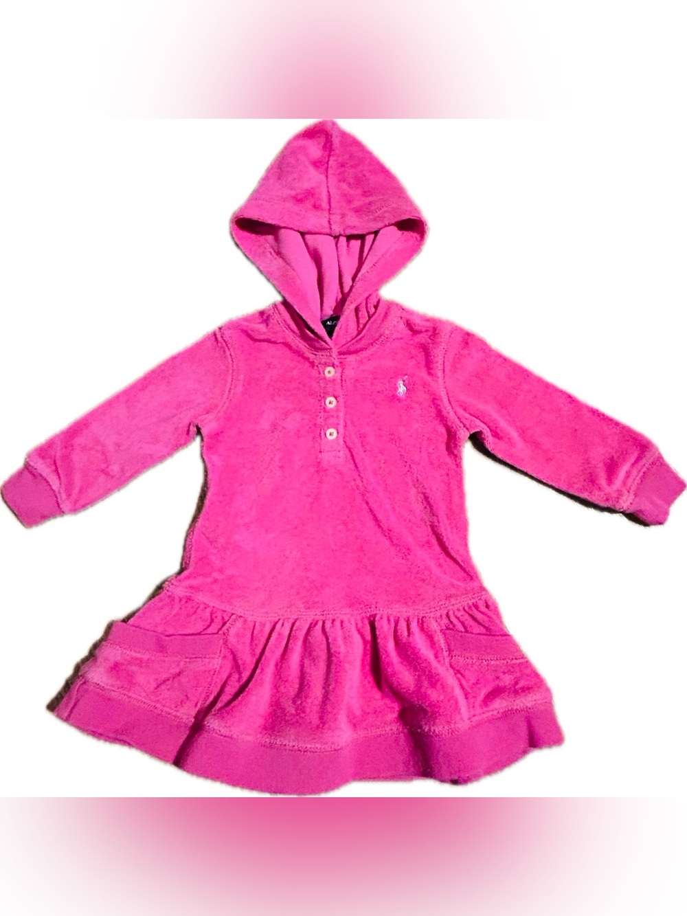 Ralph Lauren 9 Months Girls Pink Terry Cloth Hoodie Dress with Pockets